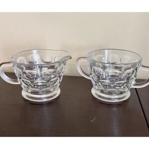 Vtg Federal Glass Thumbprint Clear Glass Sugar 3" & Creamer 2.5" Set No Lid